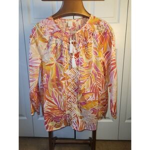 C&C California Woven Peasant Top Long Sleeve Boho Floral Coral Pink Size M